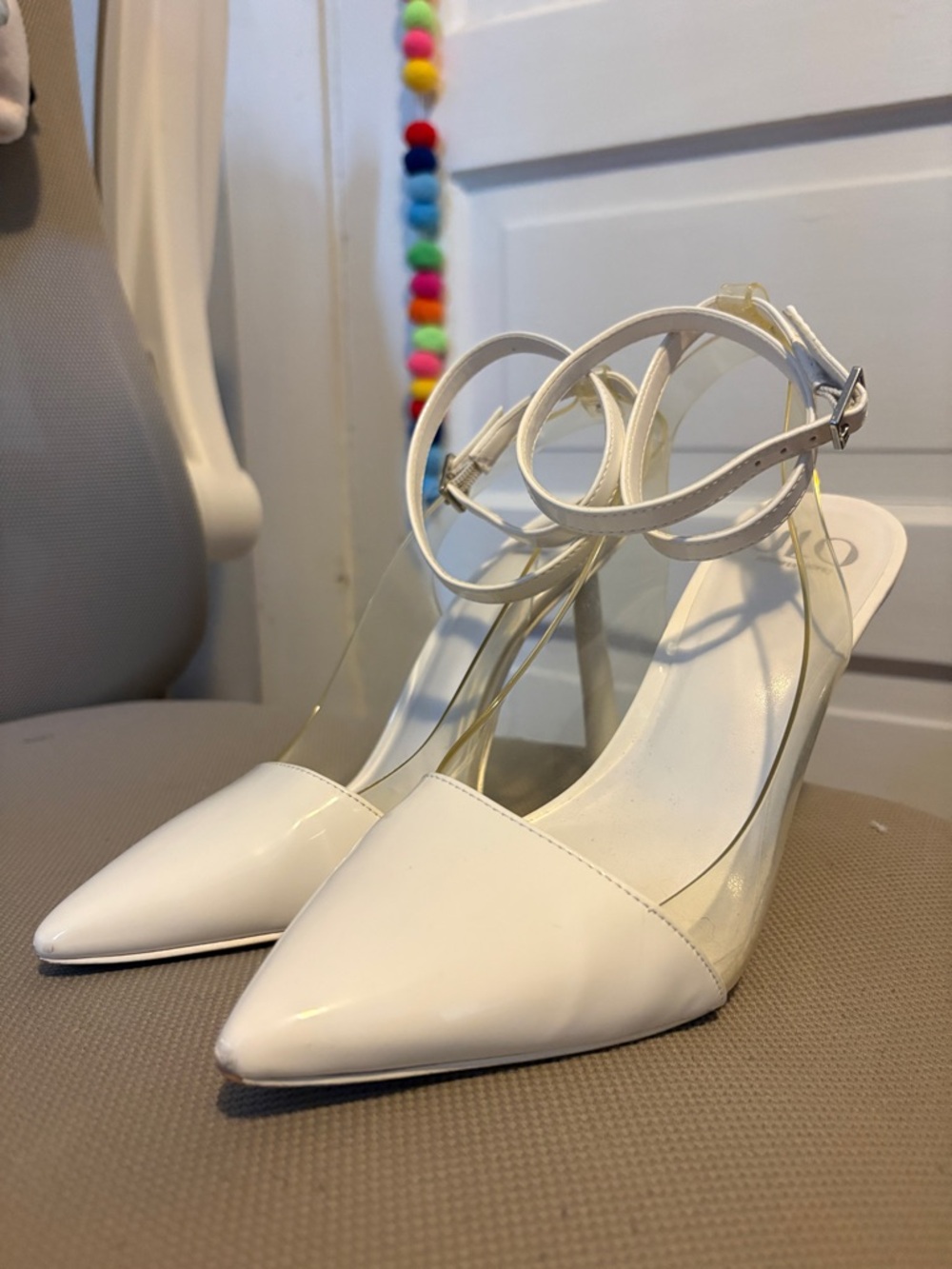 JLo White Pointed Lace-Up Heels with Clear Sides